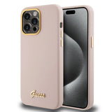 Husa pentru iPhone 15 Pro, Guess Silicone Script Metal Logo & Frame (GUHCP15LSMBSLP), roz deschis