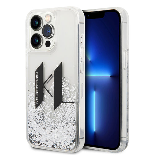 Husa pentru iPhone 14 Pro, Karl Lagerfeld Hardcase Liquid Glitter (KLHCP14LLBKLCS), argintiu