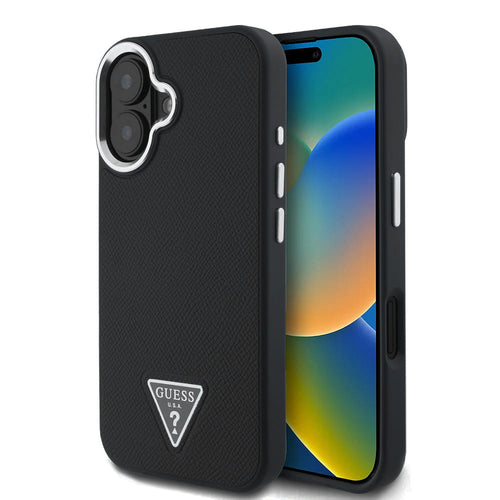Husa pentru iPhone 16, Guess Grained Triangle MagSafe (GUHMP16SPGTSPSK), negru