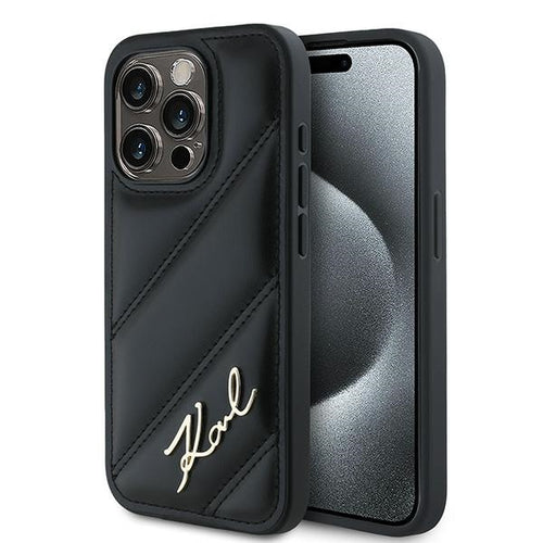 Husa pentru iPhone 14 Pro, Karl Lagerfeld Diagonal Quilted Script (KLHCP14LPQDSMGK), negru
