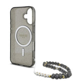 Husa pentru iPhone 16, Guess IML Glitter cu Pearl Strap MagSafe (GUHMP16SHGCRELSK), negru