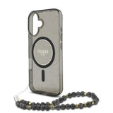 Husa pentru iPhone 16, Guess IML Glitter cu Pearl Strap MagSafe (GUHMP16SHGCRELSK), negru