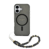 Husa pentru iPhone 16, Guess IML Glitter cu Pearl Strap MagSafe (GUHMP16SHGCRELSK), negru