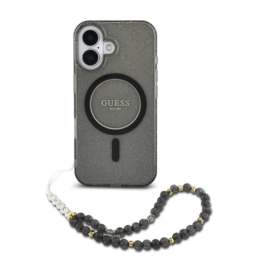 Husa pentru iPhone 16, Guess IML Glitter cu Pearl Strap MagSafe (GUHMP16SHGCRELSK), negru