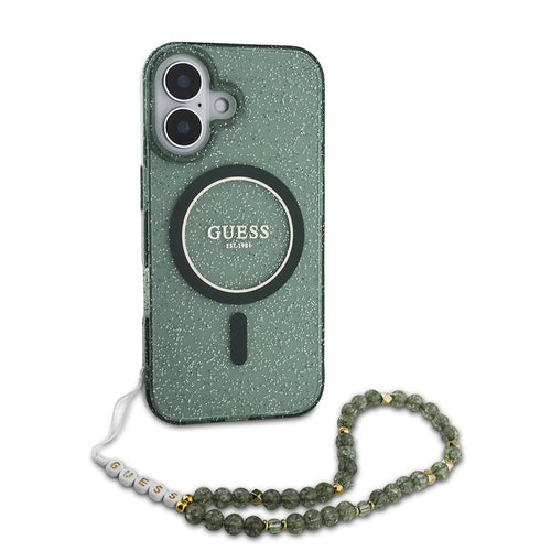Husa pentru iPhone 16 Plus, Guess IML Glitter cu Pearl Strap MagSafe (GUHMP16MHGCRELSA), verde