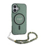 Husa pentru iPhone 16 Plus, Guess IML Glitter cu Pearl Strap MagSafe (GUHMP16MHGCRELSA), verde