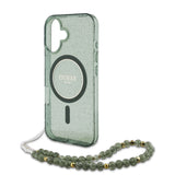 Husa pentru iPhone 16 Plus, Guess IML Glitter cu Pearl Strap MagSafe (GUHMP16MHGCRELSA), verde