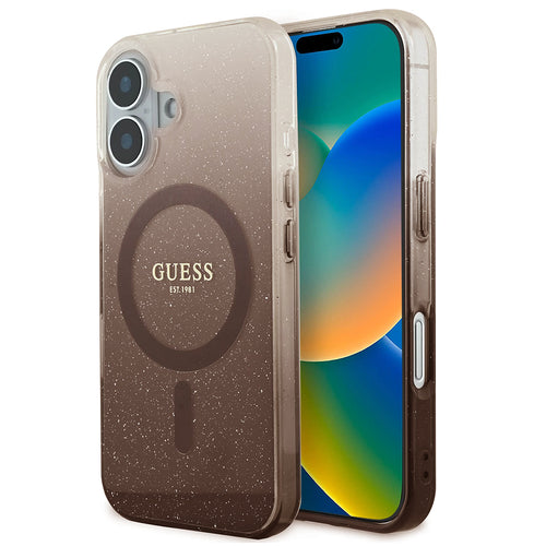 Husa pentru iPhone 16 Plus, Guess IML Glitter Gradient MagSafe (GUHMP16MHGRCELW), maro