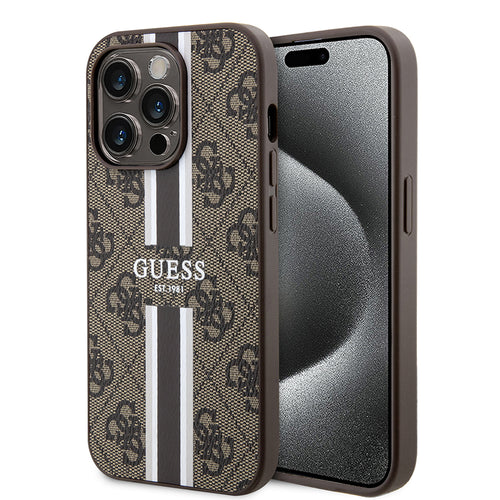 Husa pentru iPhone 15 Pro, Guess Hardcase 4G Printed Stripes MagSafe (GUHMP15LP4RPSW), maro