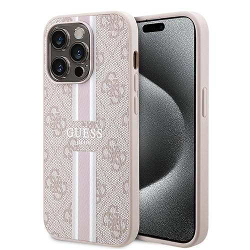 Husa pentru iPhone 15 Pro, Guess Hardcase 4G Printed Stripes MagSafe (GUHMP15LP4RPSP), roz