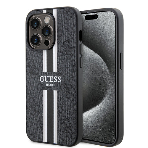 Husa pentru iPhone 15 Pro Max, Guess Hardcase 4G Printed Stripes MagSafe (GUHMP15XP4RPSK), negru