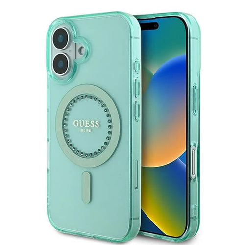 Husa pentru iPhone 16 Plus, Guess IML Rhinestones MagSafe (GUHMP16MPFTDTEN), verde