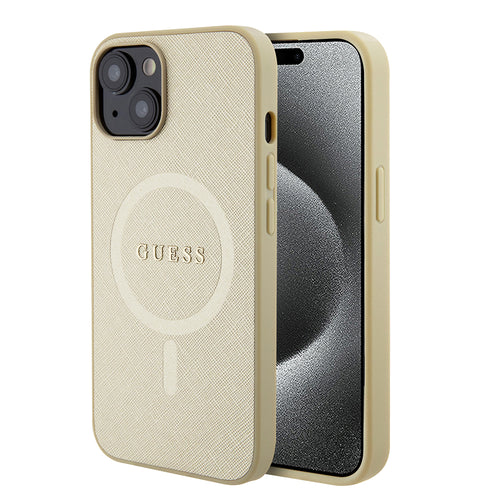 Husa pentru iPhone 15 Plus, Guess Saffiano MagSafe (GUHMP15MPSAHMCB), auriu