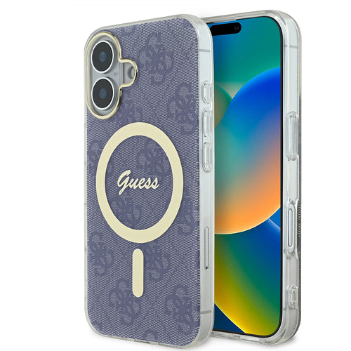 Husa pentru iPhone 16, Guess IML 4G MagSafe (GUHMP16SH4STB), albastru