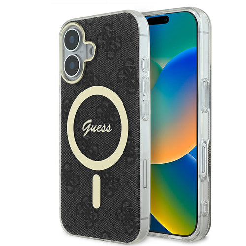 Husa pentru iPhone 16, Guess IML 4G MagSafe (GUHMP16SH4STK), negru