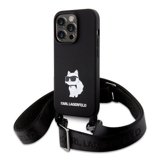 Husa pentru iPhone 15 Pro Max, Karl Lagerfeld Silicone Crossbody (KLHCP15XSCBSKNK), negru