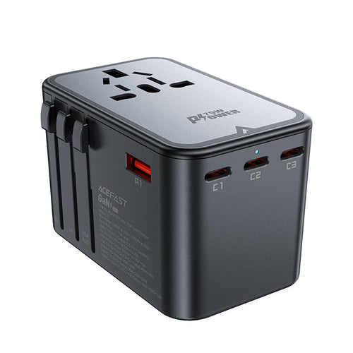 Adaptor pentru Calatorie Acefast (Z1), 3x Type-C, 2x USB, GaN, EU, UK, AUS, US, PD75W, Multifunctional Fast Charger, Negru