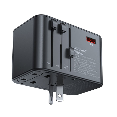 Adaptor pentru Calatorie Acefast (Z1), 3x Type-C, 2x USB, GaN, EU, UK, AUS, US, PD75W, Multifunctional Fast Charger, Negru