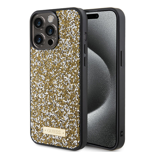 Husa pentru iPhone 15 Pro, Guess Rhinestone Metal Logo (GUHCP15LPFGSBSD), galben