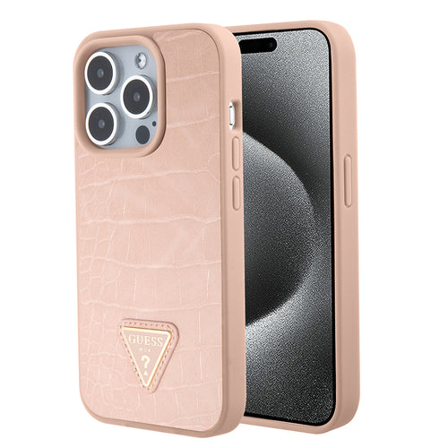 Husa pentru iPhone 15 Pro Max, Guess Croco Triangle Metal Logo (GUHCP15XPCRTHCP), roz