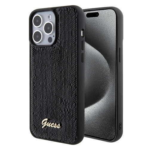 Husa pentru iPhone 15 Pro Max, Guess Sequin Script Metal (GUHCP15XPSFDGSK), negru