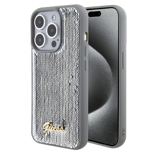 Husa pentru iPhone 15 Pro Max, Guess Sequin Script Metal (GUHCP15XPSFDGSS), argintiu