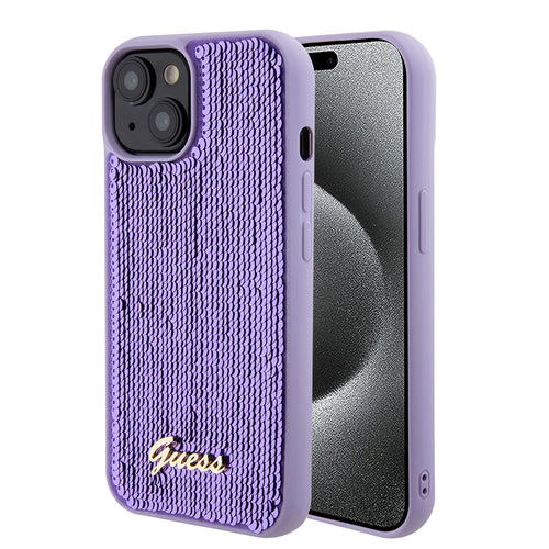 Husa pentru iPhone 15, Guess Sequin Script Metal (GUHCP15SPSFDGSU), mov