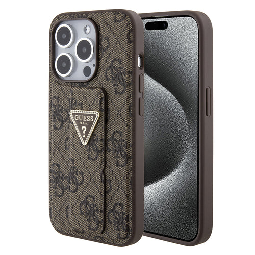 Husa pentru iPhone 15 Pro, Guess Grip Stand 4G Triangle Strass (GUHCP15LPGS4TDW), maro