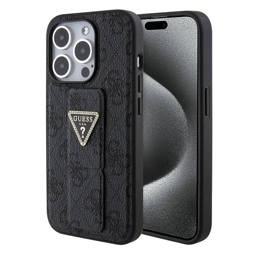 Husa pentru iPhone 15 Pro Max, Guess Grip Stand 4G Triangle Strass (GUHCP15XPGS4TDK), negru