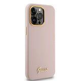Husa pentru iPhone 15 Pro Max, Guess Silicone Script Metal Logo & Frame (GUHCP15XSMBSLP), roz deschis
