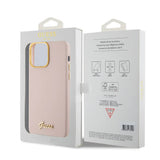 Husa pentru iPhone 15 Pro Max, Guess Silicone Script Metal Logo & Frame (GUHCP15XSMBSLP), roz deschis