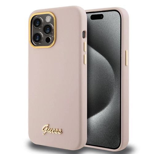 Husa pentru iPhone 15 Pro Max, Guess Silicone Script Metal Logo & Frame (GUHCP15XSMBSLP), roz deschis