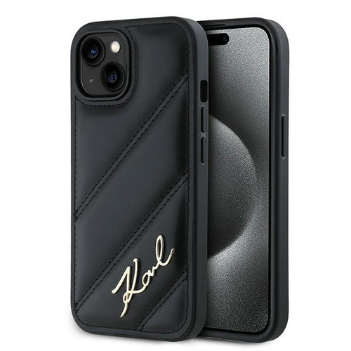 Husa pentru iPhone 15, Karl Lagerfeld Diagonal Quilted Script (KLHCP15SPQDSMGK), negru