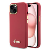 Husa pentru iPhone 15, Guess Silicone Script Metal Logo & Frame (GUHCP15SSMBSLM), rosu