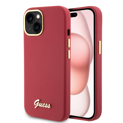 Husa pentru iPhone 15, Guess Silicone Script Metal Logo & Frame (GUHCP15SSMBSLM), rosu