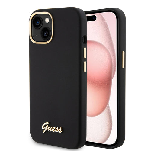 Husa pentru iPhone 15, Guess Silicone Script Metal Logo & Frame (GUHCP15SSMBSLK), negru