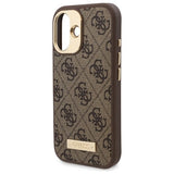 Husa pentru iPhone 16, Guess Hardcase 4G Logo Plate MagSafe (GUHMP16SU4GPRW), maro