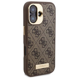 Husa pentru iPhone 16, Guess Hardcase 4G Logo Plate MagSafe (GUHMP16SU4GPRW), maro