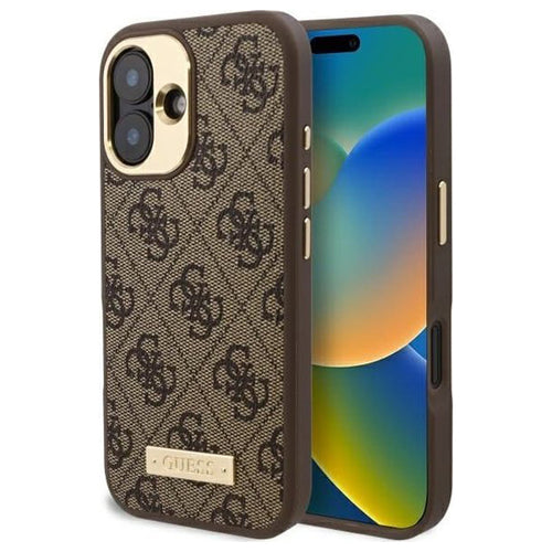 Husa pentru iPhone 16, Guess Hardcase 4G Logo Plate MagSafe (GUHMP16SU4GPRW), maro
