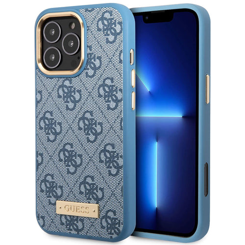 Husa pentru iPhone 16 Pro, Guess Hardcase 4G Logo Plate MagSafe (GUHMP16LU4GPRB), albastru