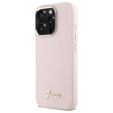 Husa pentru iPhone 16 Pro Max, Guess Silicone Script Metal Logo & Frame (GUHCP16XSMBSLP), roz deschis