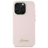Husa pentru iPhone 16 Pro Max, Guess Silicone Script Metal Logo & Frame (GUHCP16XSMBSLP), roz deschis