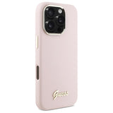 Husa pentru iPhone 16 Pro Max, Guess Silicone Script Metal Logo & Frame (GUHCP16XSMBSLP), roz deschis