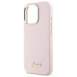 Husa pentru iPhone 16 Pro Max, Guess Silicone Script Metal Logo & Frame (GUHCP16XSMBSLP), roz deschis