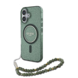 Husa pentru iPhone 16 Plus, Guess IML Glitter cu Pearl Strap MagSafe (GUHMP16MHGCRELSA), verde