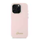 Husa pentru iPhone 16 Pro, Guess Silicone Script Metal Logo & Frame (GUHCP16LSMBSLP), roz