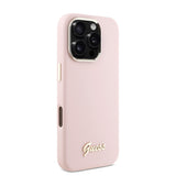 Husa pentru iPhone 16 Pro, Guess Silicone Script Metal Logo & Frame (GUHCP16LSMBSLP), roz