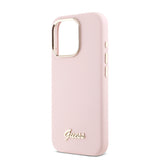 Husa pentru iPhone 16 Pro, Guess Silicone Script Metal Logo & Frame (GUHCP16LSMBSLP), roz