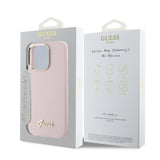 Husa pentru iPhone 16 Pro, Guess Silicone Script Metal Logo & Frame (GUHCP16LSMBSLP), roz