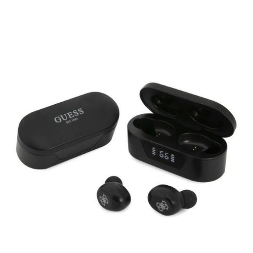 Casti wireless Guess (GUTWST31EK), Bluetooth 5.0, TWS, USB-C, cu Afisaj LED, Docking station, IPX4, negru